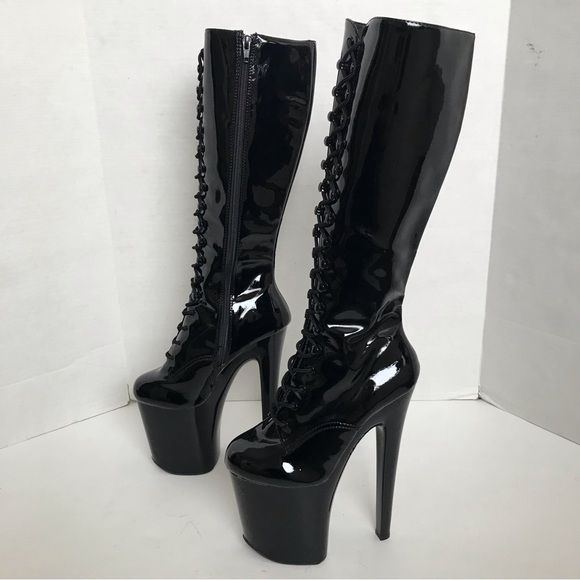 PLEASER Flamingo 8" Heel, 4" Platform Lace-Up Stretch Knee Boot, Side Zip Shoes - Picture 3 of 14